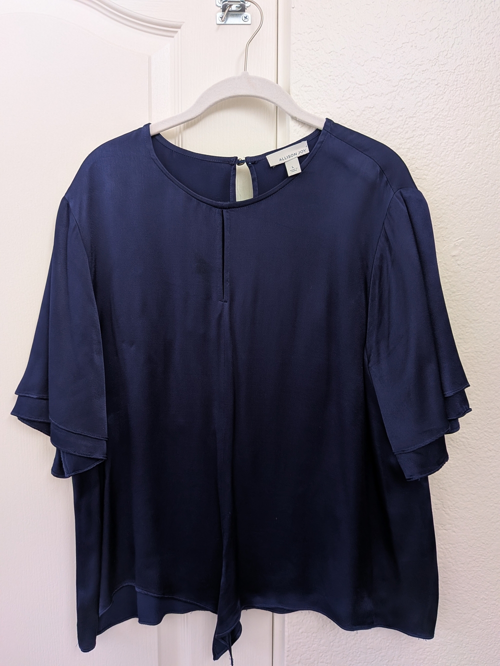 Allison Joy Navy Blue Ruffle Sleeve Satin Blouse (Size Large)